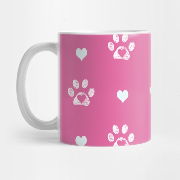 White doodle paw prints with pink hearts and pink background by GULSENGUNEL